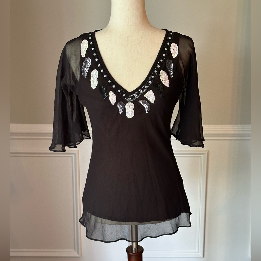 Chaudry Anthropologie Black Split Sleeve Sequin Embellished Top size Small NWOT